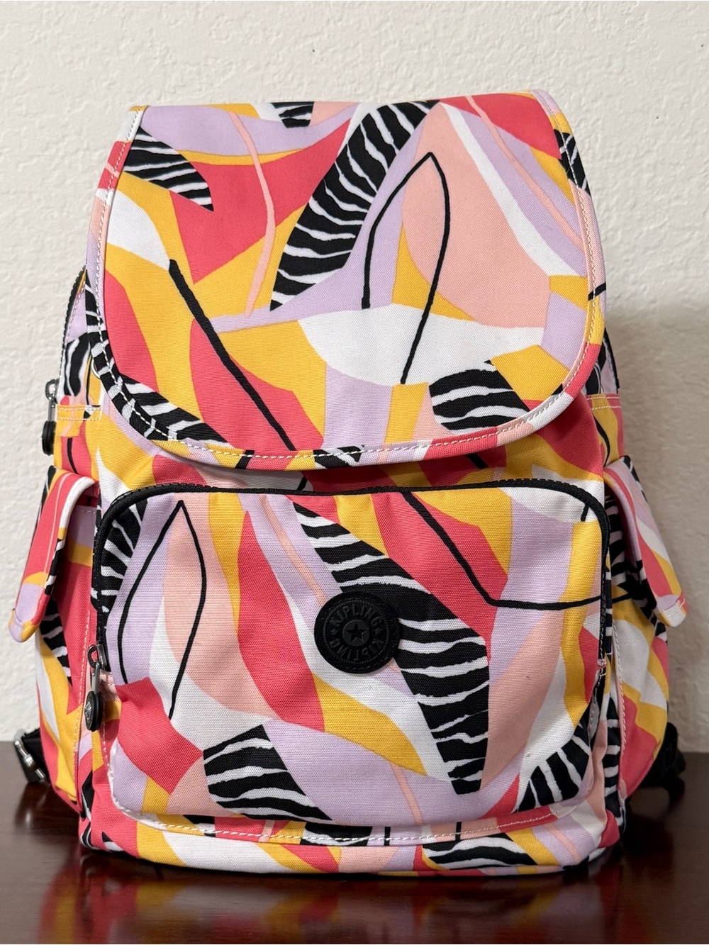 Kipling Multicolor Abstract Print Backpack in Coral, Yellow, Lavender BlackNWOT